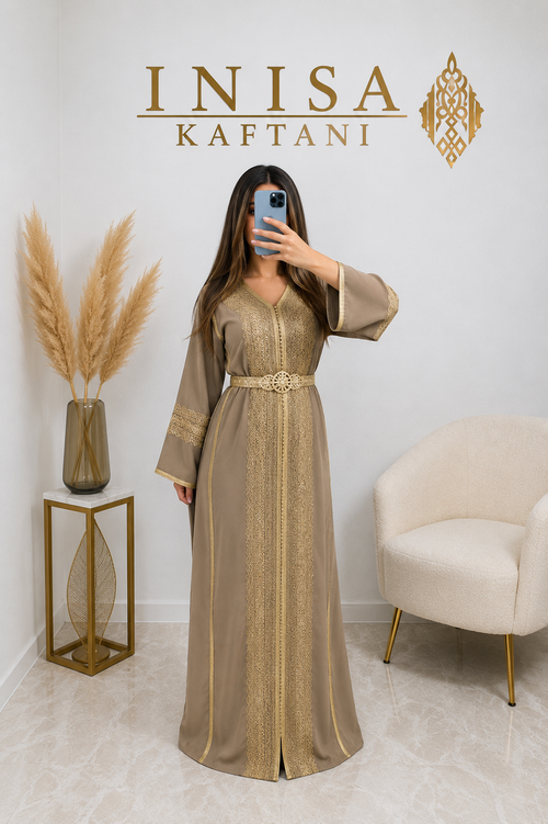 Kaftan Goldene Stickerei – Taupe