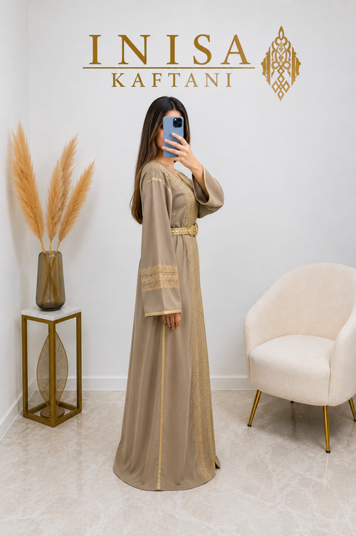 Kaftan Goldene Stickerei – Taupe